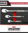 Full Polish Ratchet Set With One Quarter Inch, Three-Eighth Inch, And One Half Inch Drives in EVA foam tray