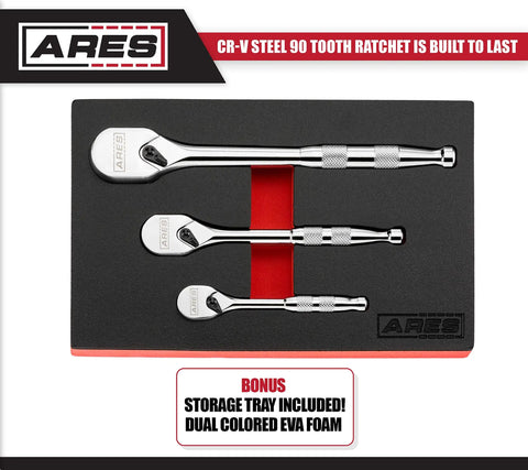Full Polish Ratchet Set With One Quarter Inch, Three-Eighth Inch, And One Half Inch Drives in EVA foam tray