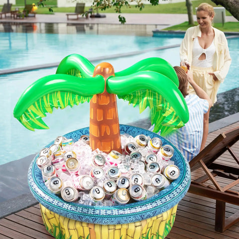 Inflatable 28 Inch Palm Tree Cooler For Beverages, Beach Luau Themed Party Decor And Tropical Outdoor Supplies, filled with cans by pool