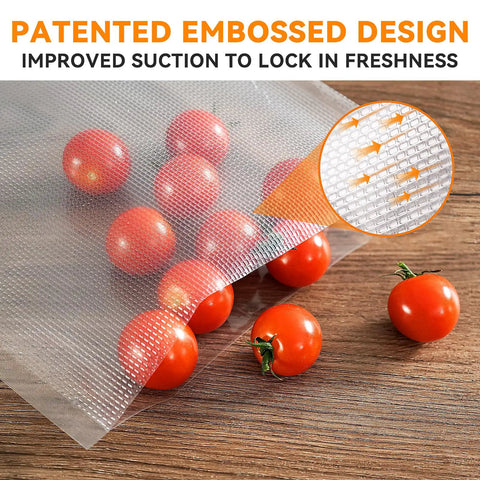 Quart Vacuum Sealer Bags For Food 8 By 12 Inches 50 Count BPA Free Thick Bags sealing tomatoes on wood surface