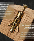 Close-up of 6x14mm Short Expansion Screw Set for Cabinet and Door Hinges showing steel construction in wood block.