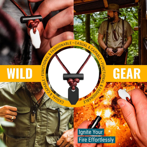 Weatherproof Fire Starter Necklace For Men Handcrafted In USA With Adjustable Leather Knot Design Ideal For Traveling Everyday Carry And Adventures Sparks Up To 6000 Degrees Fahrenheit In Any Weather Gear shown in closeup and lifestyle
