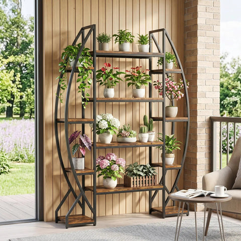 Industrial Oval Etagere Bookshelf With Triple Wide Design And Five Tiers Boss Black Iron Pipe Frame Wood Shelves on patio