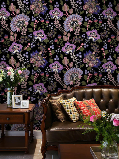 Boho Floral Peel And Stick Removable Wallpaper For Bedroom And Bathroom Renter Friendly Cabinet Decor Contact Paper 17.7 In By 118 In Easy Install Durable Thickened Design on living room wall behind leather couch and flowers.