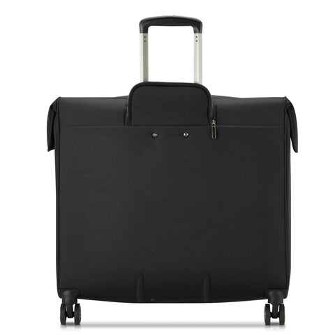 Front view: DELSEY Paris Helium DLX rolling garment bag, black with spinner wheels