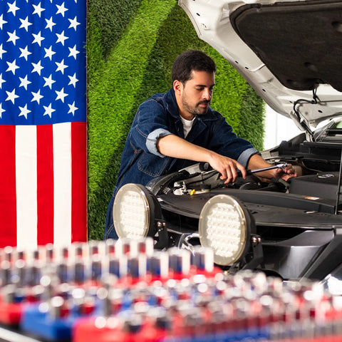 Mechanic using Magnetic Socket Organizer Set For Metric And SAE Tools, Quick Grab Pro Grade Storage for engine work, American flag backdrop