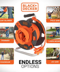 50 Ft Outdoor Extension Cord Reel With 14 AWG SJTW Cable displayed with various power tools like leaf blower and chainsaw
