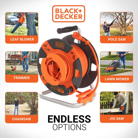 50 Ft Outdoor Extension Cord Reel With 14 AWG SJTW Cable displayed with various power tools like leaf blower and chainsaw