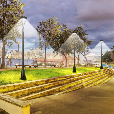 Super Bright 150W LED Post Top Light illuminating a park at dusk, 21000 lumens, waterproof, suitable for outdoor pathways.