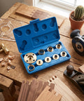 Top Shelf Brass Router Bushing Template Guide Set 11 Pieces For Quick Install Woodworking Accessories With Various Sizes displayed in blue case.