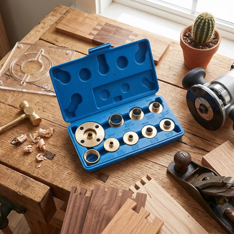Top Shelf Brass Router Bushing Template Guide Set 11 Pieces For Quick Install Woodworking Accessories With Various Sizes displayed in blue case.