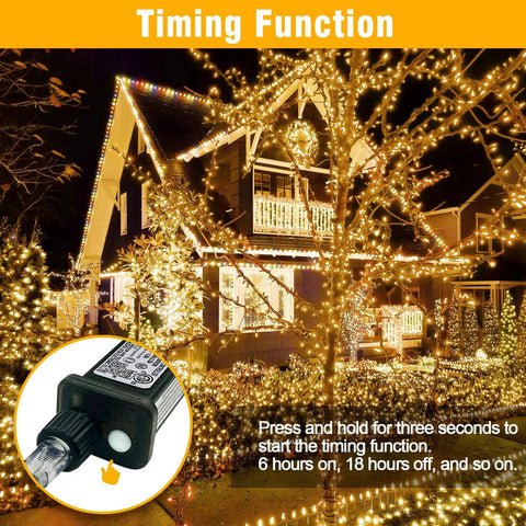 Warm White LED String Lights 70 Ft Waterproof and Connectable for Indoor and Outdoor Holiday Decor, Perfect for Wrapping Christmas Trees, Garlands, and Patios, Creating a Cozy Living Room Glow with a Soft Golden Shine, illuminating a house exterior with timer function