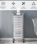 Front view of 10 Drawer Rolling Storage Cart With Lockable 360 Degree Wheels, Multipurpose Mobile Organizer For Home Office School And Workshop, Durable Plastic Trolley White Finish For Easy Clutter Control