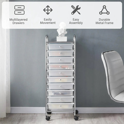 Front view of 10 Drawer Rolling Storage Cart With Lockable 360 Degree Wheels, Multipurpose Mobile Organizer For Home Office School And Workshop, Durable Plastic Trolley White Finish For Easy Clutter Control