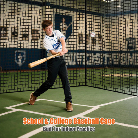 Heavy Duty Baseball Batting Cage Netting 45 Pound PE Net For Backyard Or Team Training 35 Or 55 Foot Length in use indoors.