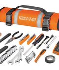 83 Piece Tool Set With Roll Up Pouch Includes Wrenches Pliers Work Light Sockets And Bits For Motorcycle Car Truck ATV Beefy Build Built For Auto Repair On The Go, arranged with orange pouch and tools on display.