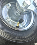 8-inch pneumatic caster wheel with black rubber tire and metal swivel mount, close-up view