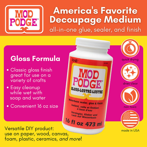 All In One Decoupage Glue Sealer And Finish For Wood Paper Fabric Quick Dry Glossy Finish Non Toxic Craft Solution 16 Oz Made In USA Pack Of 1 Great For DIY Projects shown with packaging, 16 oz bottle