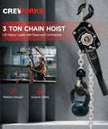 CREWORKS 3-ton lever chain hoist with galvanized G80 chain and swivel hooks, black metal housing.