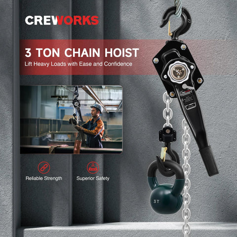 CREWORKS 3-ton lever chain hoist with galvanized G80 chain and swivel hooks, black metal housing.