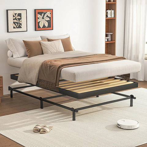 Twin Size Sag Proof Box Spring With Smooth Wooden Slats And Soft Rounded Corners in a modern bedroom setup.