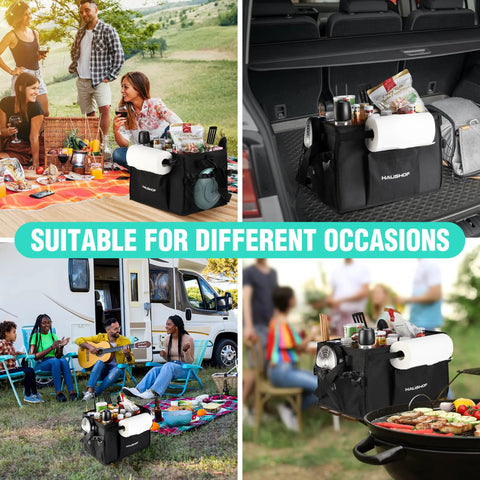 Large Grill And Picnic Caddy With Paper Towel Holder And Condiment Pockets Foldable BBQ Organizer in outdoor settings