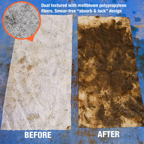 Heavy Duty Cleaning Wipes For Every Surface And Hands, 90 Count, dual textured wipes before and after grime cleaning effect