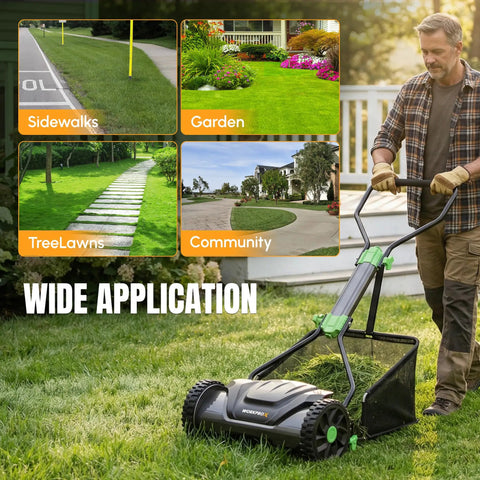 16 Inch Push Reel Lawn Mower With 5 Cutting Blades And Adjustable Height, Removable 8 Gallon Grass Catcher, Easy No Fuss Cut For Yards And Gardens, Clean Level Cut, Durable Black Finish, man mowing lawn with grass catcher