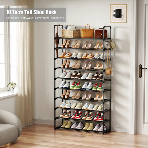 Heavy Gauge 10 Tier Metal Shoe Rack With Side Hooks That Truly Is A Total Game Changer For Holding Up To Forty Five Pairs Of Sneakers And Boots In Any Entryway Closet