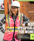 Woman wearing Women's Hi-Vis Safety Vest With Pockets Pink Reflective Tape For Construction And Outdoor Work