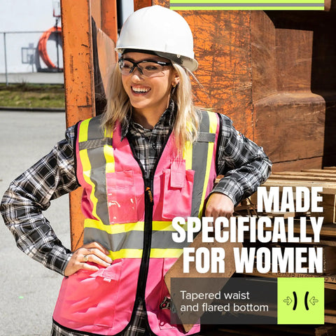 Woman wearing Women's Hi-Vis Safety Vest With Pockets Pink Reflective Tape For Construction And Outdoor Work