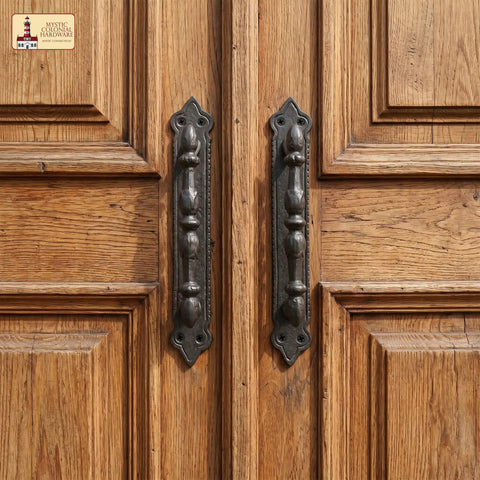 Heavy Duty Cast Iron Door Pull Handles Set Of 2 In Rustic Black With Colonial Victorian Style on wooden doors