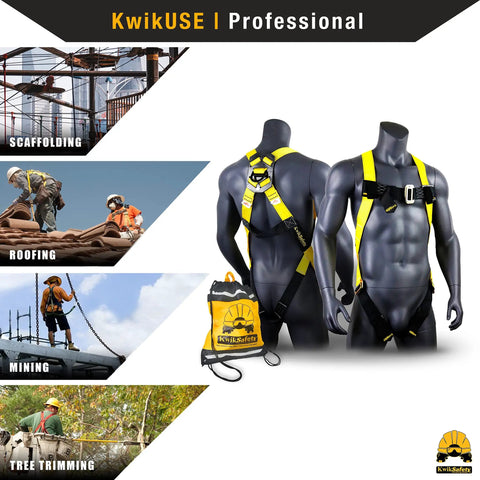 Rock Solid Full Body Safety Harness Built Tough For Daily Construction Work Meets Osha Standards, bright yellow straps, for roofing, scaffolding, and mining.