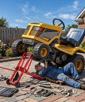 Betisef 500 Lb Hydraulic Mower Lift Jack For Lawn Tractor lifting a yellow tractor as a man performs maintenance underneath.