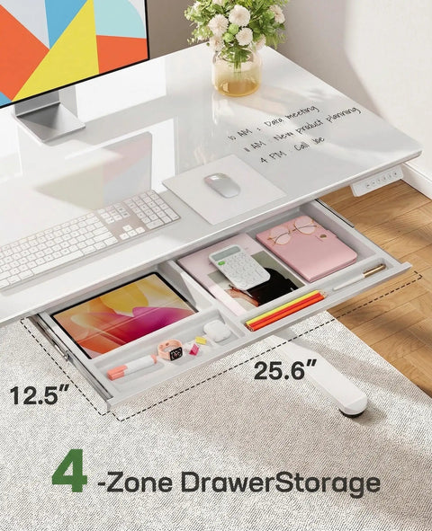 Glass Standing Desk With Drawer 37 X 22 Inches Adjustable Height With Four Preset Levels One Piece Tempered Glass Top White Ergonomic Home Office Desk For Standing Work showing open four-zone drawer with office supplies.