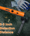 Treasure Hunting Kit With Metal Detector Pinpointer Sand Scoop Shovel Waterproof Gloves Finds Bag And Storage Pouch For Outdoor Treasure Hunting Adventures For Everyday Carry And More, showing pinpointer and shovel on soil with gloves.
