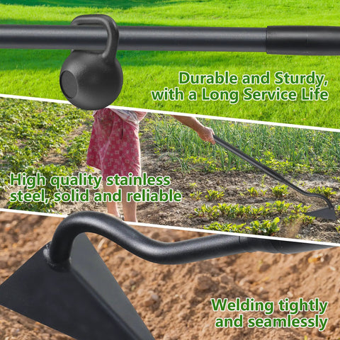 Close-up of Long Handle 59 Inch Triangle Garden Hoe With V Blade For Deep Trenches and heavy duty features