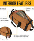 Interior view of Go-To Classic Round Duffel With Utility Pouch showing YKK zippers, zippered pocket, and key clip in 25L bag.