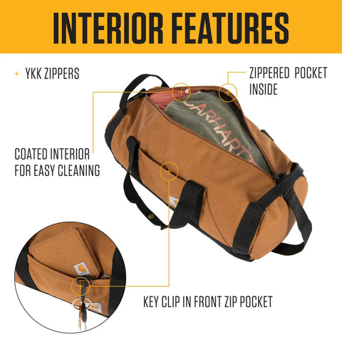 Interior view of Go-To Classic Round Duffel With Utility Pouch showing YKK zippers, zippered pocket, and key clip in 25L bag.