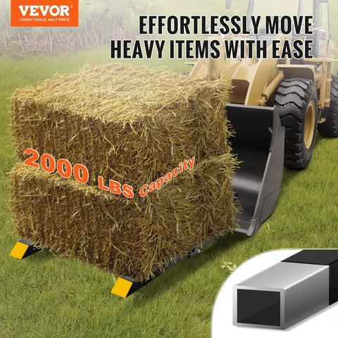Tractor lifting hay bale using Workhorse Clamp On Pallet Forks For Tractors And Skid Steers, 2000 Lbs Capacity, 43 Inch Total Length