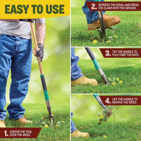 Weed Puller Tool 44 Inch Stand Up Weeder With 4 Claw Steel Head Dual Weed Eject Tech Bamboo Handle Garden Remover, used on lawn