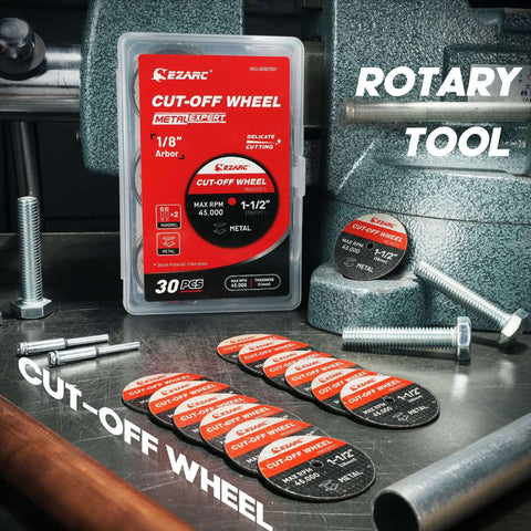 EZARC 1-1/2 in cut-off wheels set, 1/8 in arbor, fiberglass-reinforced metal discs, 30-pack with mandrels in red case