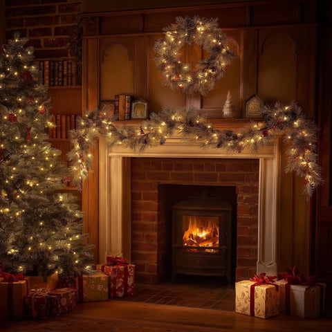 Warm White Incandescent Christmas Lights Outdoor 20ft String With 100 Bulbs Waterproof For Xmas Decor Indoor Safe Classic Cozy Glow For Trees Porches And Holiday Festivities Includes Spare Fuses And Replacement Bulbs on a decorated fireplace and Christmas tree.