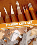 Detail of 24 Piece Wood Carving Kit With Easy Storage Bag For Beginners Do It Yourself Whittling Set, showing knives and gloves.