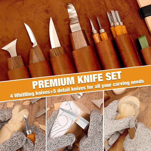 Detail of 24 Piece Wood Carving Kit With Easy Storage Bag For Beginners Do It Yourself Whittling Set, showing knives and gloves.