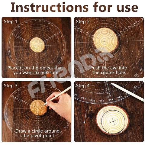 Frienda 300 mm round center finder compass with clear acrylic circle gauge for drawing circles; four-step guide.