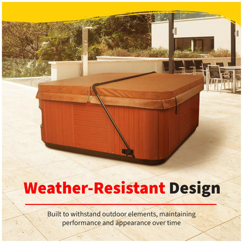 Outdoor spa with Low Mount Spa Cover Lift For Rectangular And Square Spas Up To 8 Feet Wide, showing durable design and black steel lifter.
