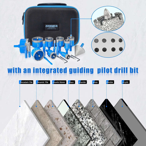 Diamond hole saw kit with pilot bit by ZNXIMER; blue carrying case and assorted tile/stone hole saws