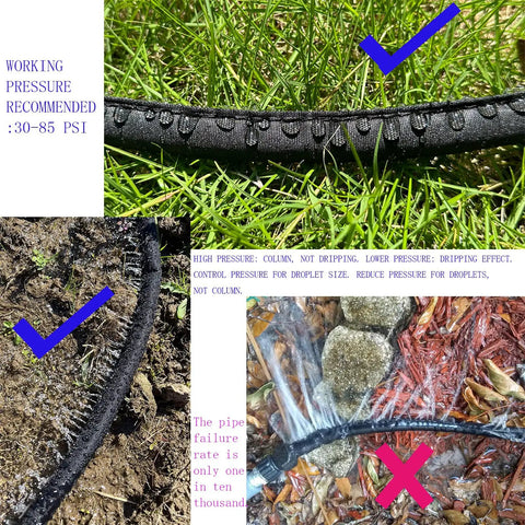 Flat Soaker Hose Kit 100 Ft For Garden Linkable Drip Hose For DIY Irrigation System With Holes in use on grass and soil