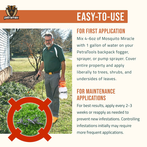 Man using Miracle Outdoor Mosquito Spray For Yard Pet Safe Concentrate Makes Up To 32 Gallons with application instructions.